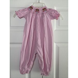 Petit Bebe Smocked Puppy Dog Romper Girls Size 9M Pink‎ Gingham Cotton Blend
